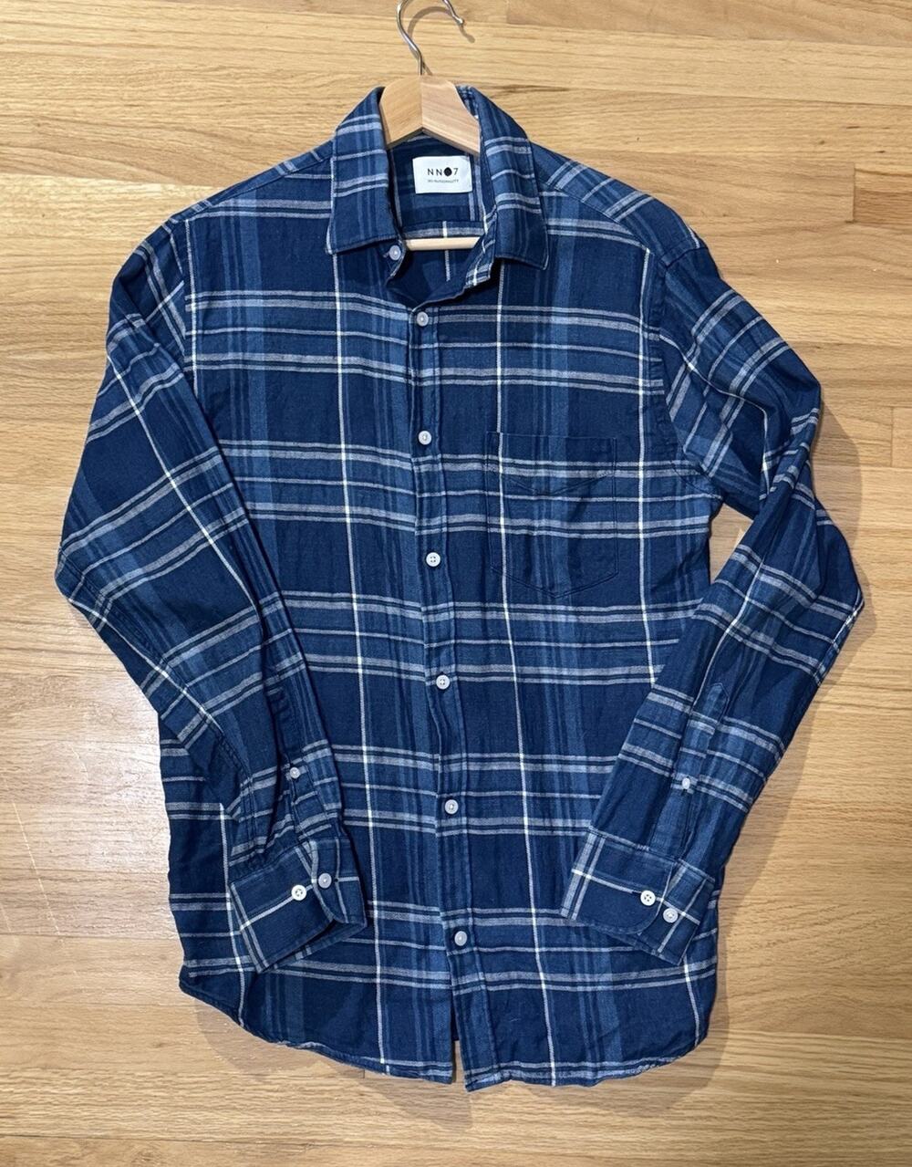 NN07 No Nationality Blue Plaid Button Up Shirt Mens Small Regular Slim Flannel